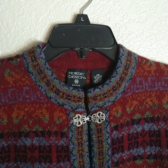 Nordic design wool fair isle cardigan classic metal clasp sz S petite - Picture 2 of 7